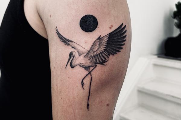 Blackwork Crane Tattoo