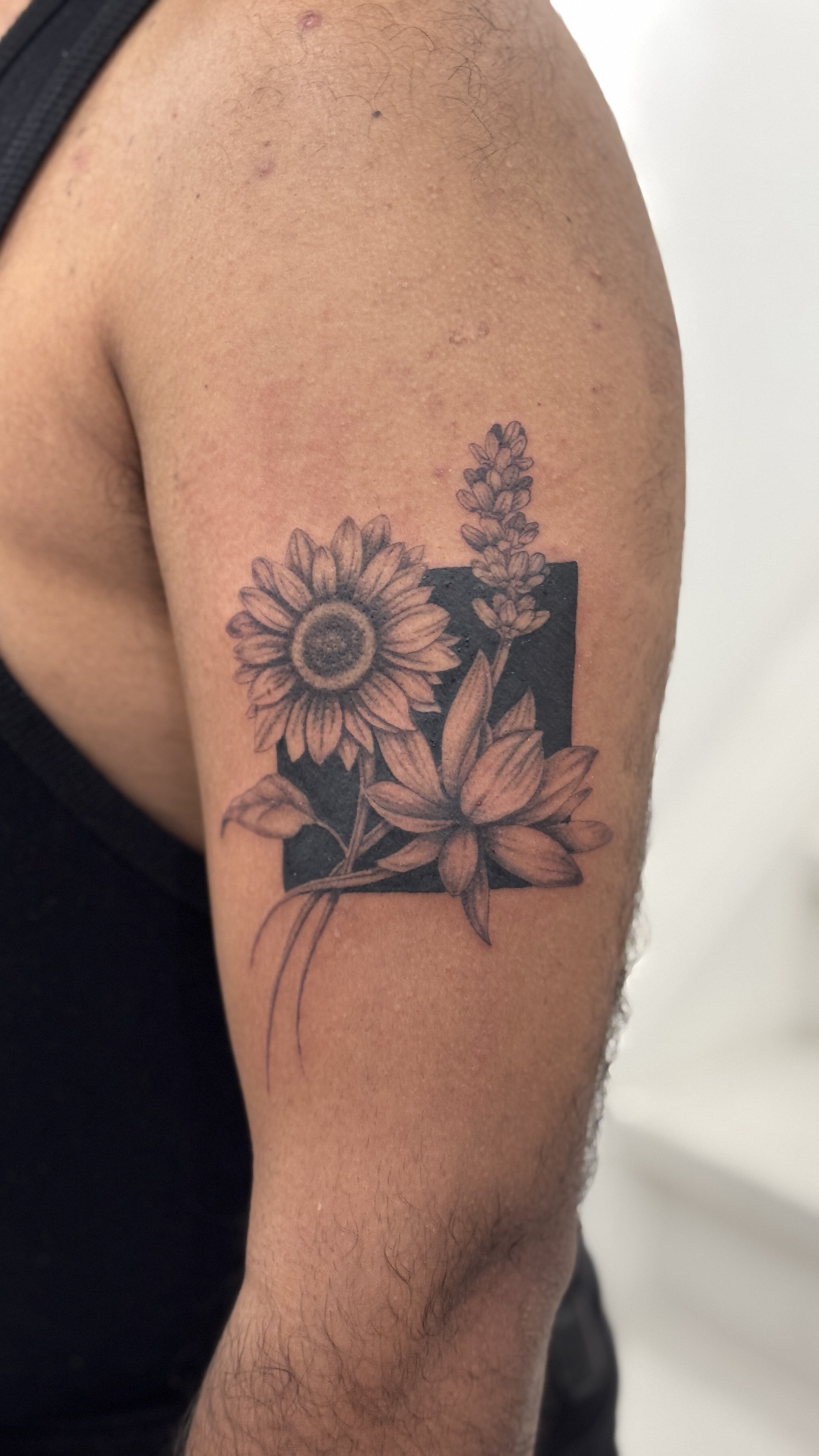 Blackwork Sunflower and Lotus Tattoo